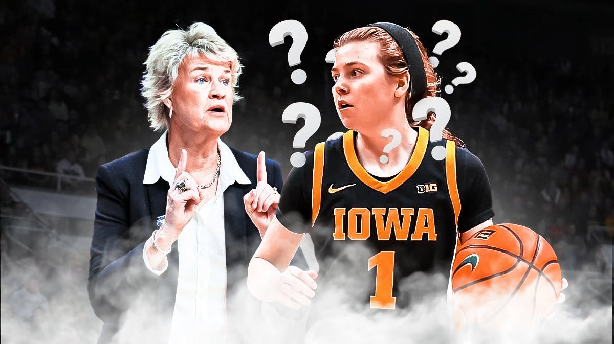 Iowa women’s basketball coach Lisa Bluder and Iowa women’s basketball player Molly Davis, with question marks around Molly