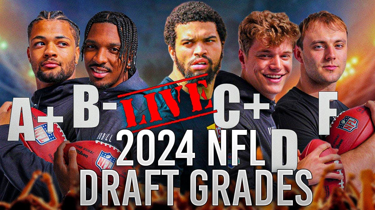 Live 2024 NFL draft grades, tracker featuring Caleb Williams (USC) in center surrounded by, Jayden Daniels (LSU), JJ McCarthy (Michigan), Rome Odunze (Washington), Brock Bowers (Georgia)