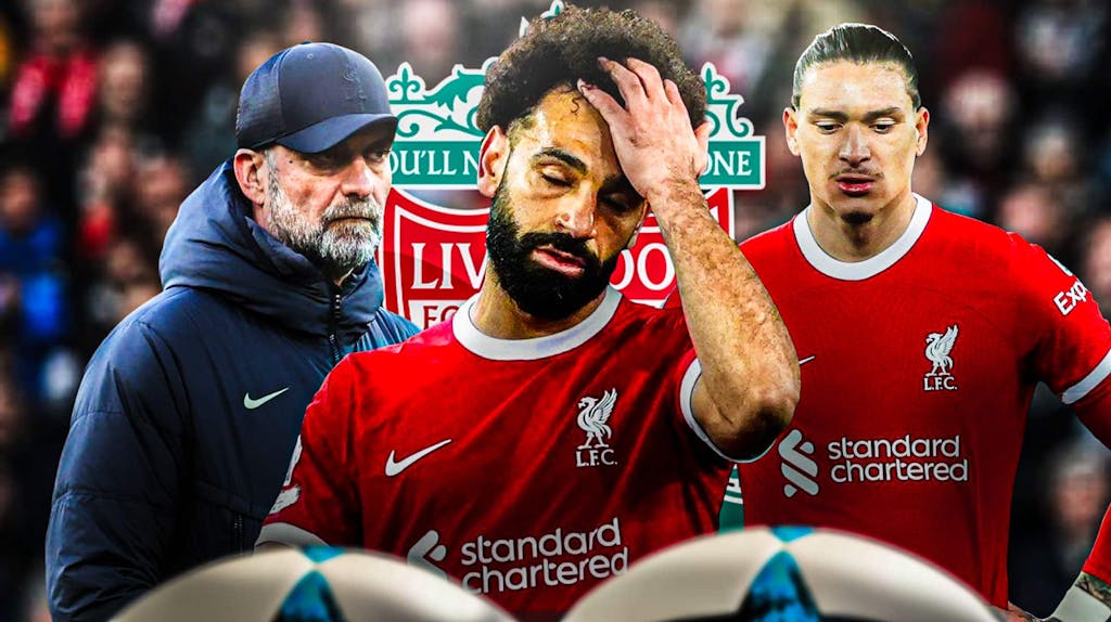 Jurgen Klopp, Mohamed Salah, Darwin Nunez looking sad in front of the Liverpool logo
