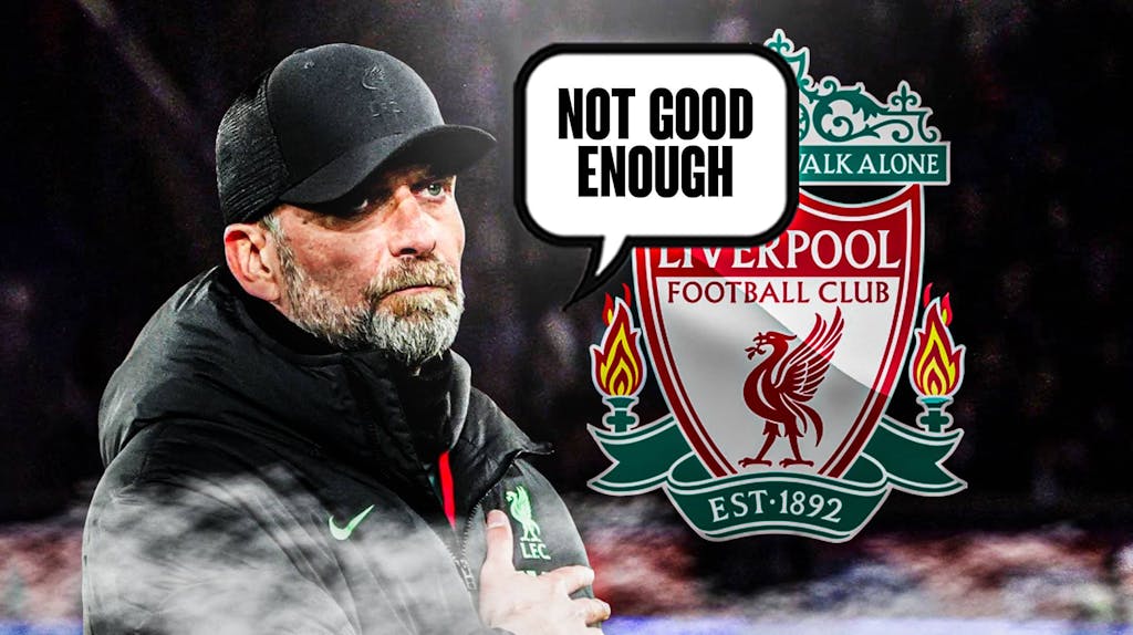 Jurgen Klopp saying: 'Not good enough' in front of the Liverpool logo