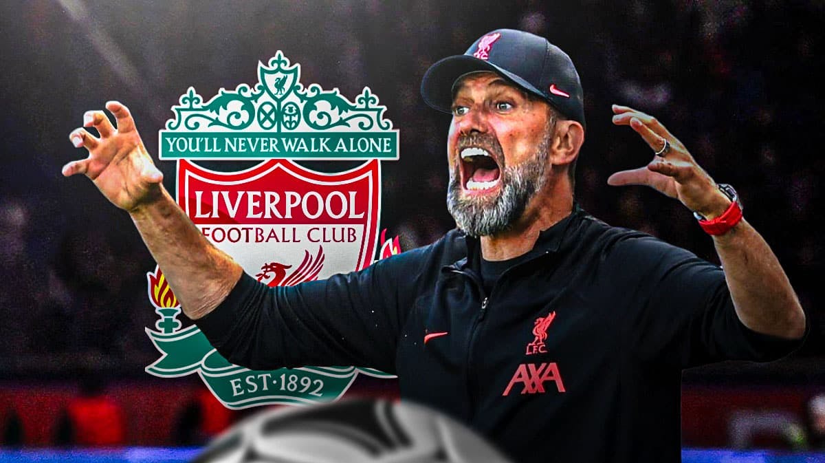 Jurgen Klopp shouting in front of the Liverpool logo