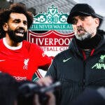 Mohamed Salah and Jurgen Klopp shouting towards each other, the Liverpool logo at the back