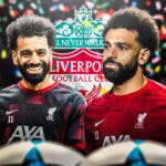 Multiple images of Mohamed Salah celebrating and being sad/looking down in front of the Liverpool logo