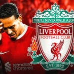 Virgil van Dijk looking down/sad in front of the Liverpool logo