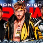 WWE's Logan Paul with Patrick Mahomes on his right and Jey Uso on his left with the Monday Night RAW logo as the background.
