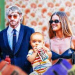 Logan Paul, Nina Agdal, and a baby drinking from a bottle that has the PRIME hydration logo on it