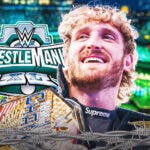 Logan Paul holding the WWE United States Championship with the WrestleMania 40 logo as the background.