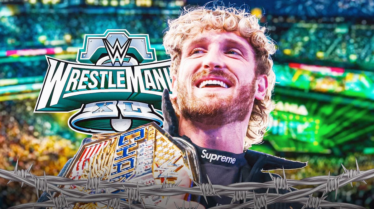 Logan Paul holding the WWE United States Championship with the WrestleMania 40 logo as the background.