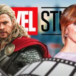 Chris Hemsworth as Thor with Loki star Sophia Di Martino and Marvel Studios (MCU) logo.