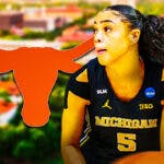 Michigan women's basketball player Laila Phelia with the University of Texas at Austin in the background, and the Texas Longhorns logo