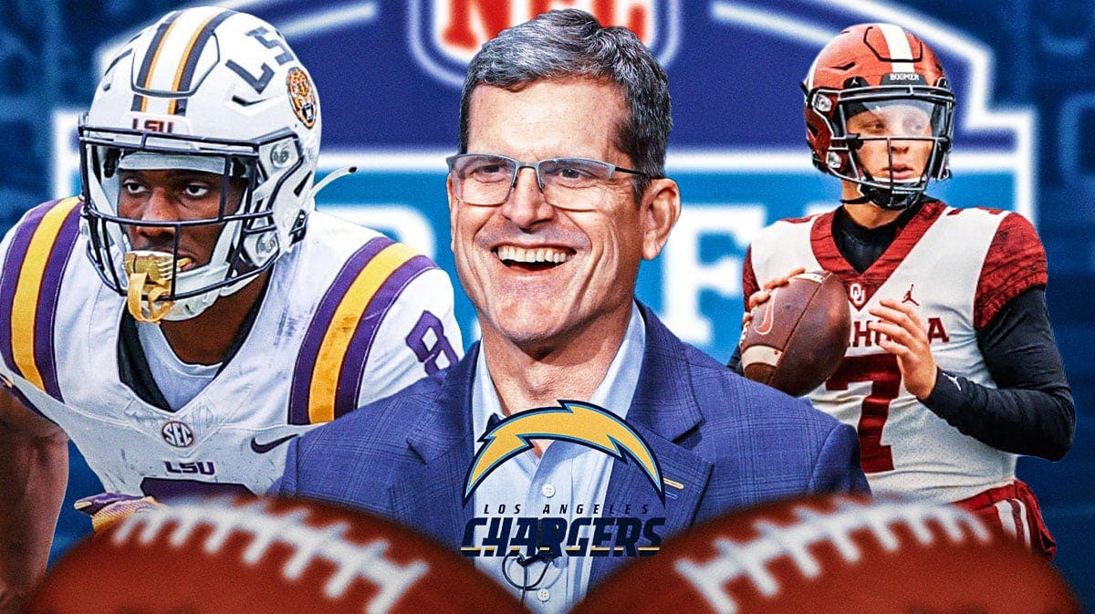 Jim Harbaugh (in Chargers gear) and a Chargers logo in the center with Malik Nabers (LSU) over one shoulder and Spencer Rattler (South Carolina) over the other and an NFL draft background