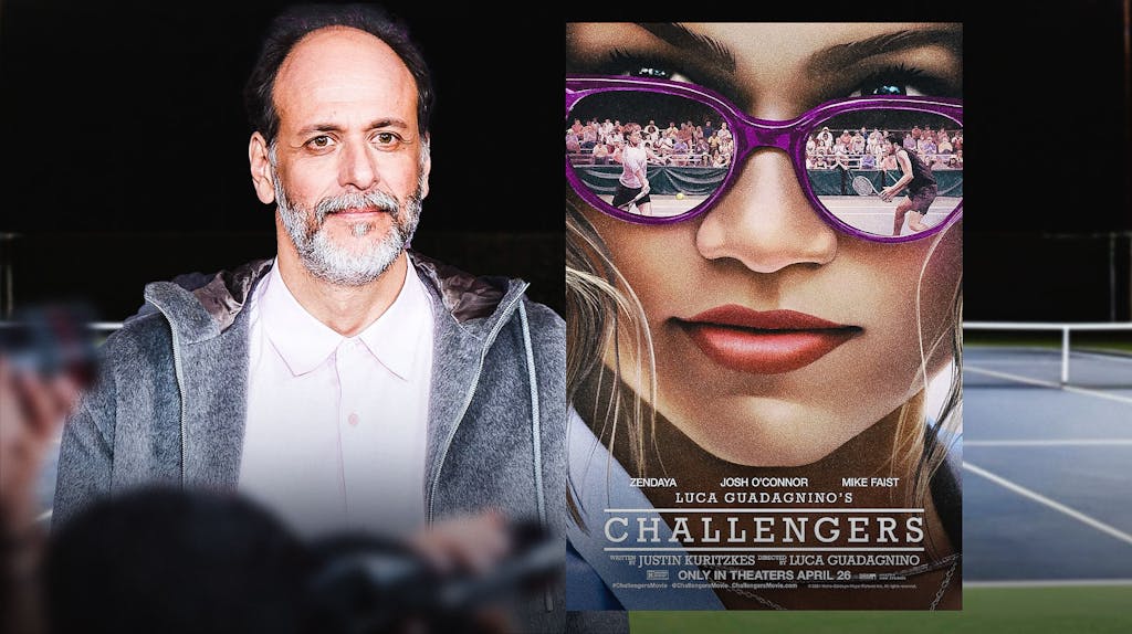 Luca Guadagnino with Zendaya Challengers poster and tennis court background.