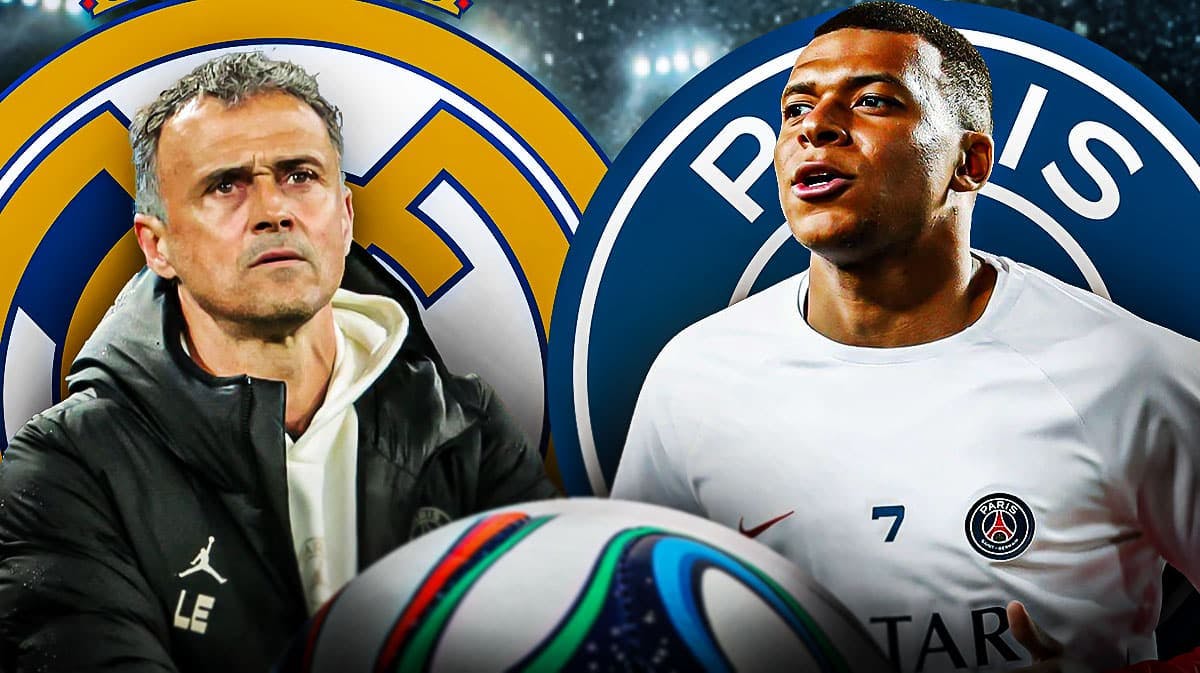 Kylian Mbappe and Luis Enrique in front of the Real Madrid and PSG logos