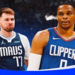 Mavericks' Luka Doncic with eyes popping out looking at Clippers' Russell Westbrook. Have Westbrook looking angry with smoke coming out of his ears.