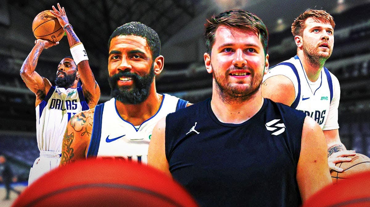 Mavericks' Luka Doncic and Mavericks' Kyrie Irving both smiling in front of image. In background, need both Doncic and Irving shooting basketballs.