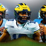 Michigan football, Wolverines, Sherrone Moore, Michigan spring game, Michigan spring practice, Alex Orji, Jack Tuttle and Jayden Denegal in Michigan unis with Michigan football stadium in the background