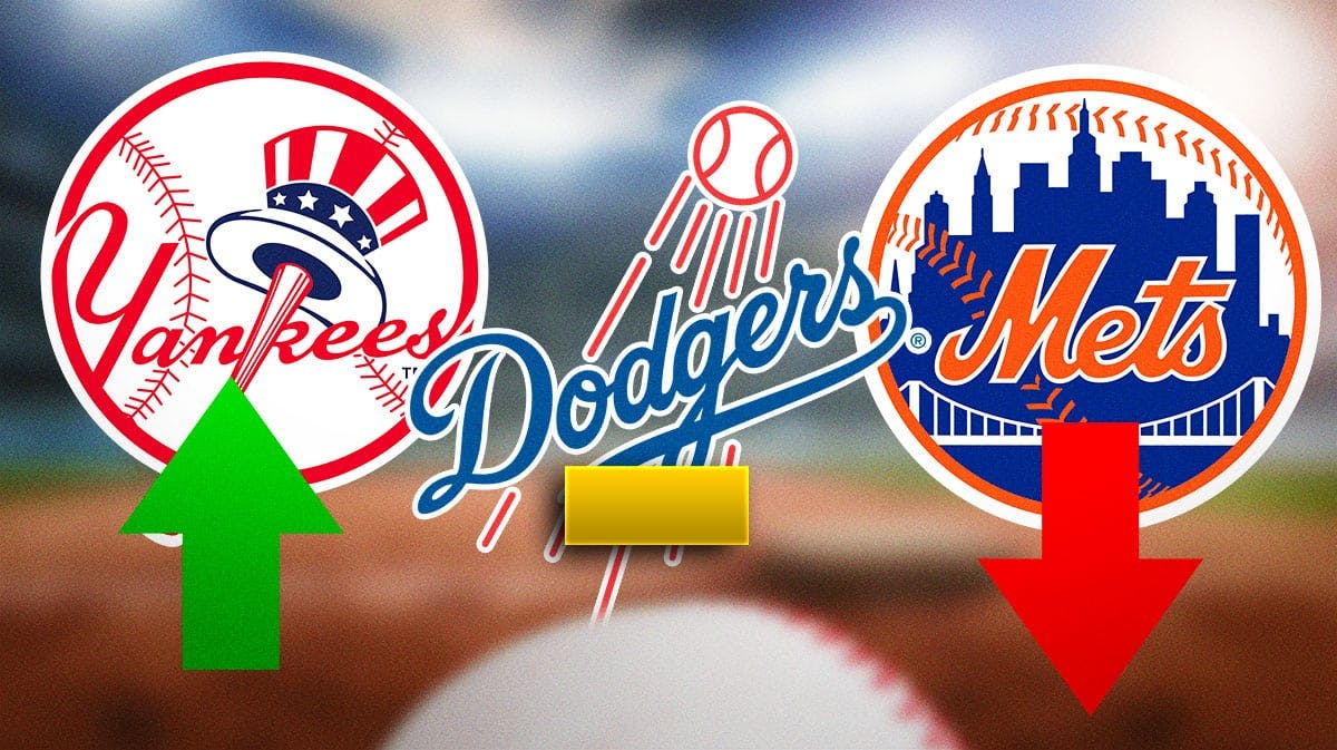 MLB 2024 season power rankings graphics with Yankees logo with a green up arrow, Dodgers logo with a yellow dash (-), and Mets with a red down arrow