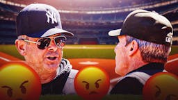 Aaron Boone looking angry with angry emojis by him. Angel Hernandez