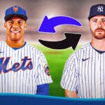Juan Soto in a Mets uniform, Pete Alonso in a Yankees uniform, with swap symbol between them