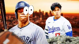 Yankees' Juan Soto on left with eyes popping out. On right, Dodgers' Shohei Ohtani with money all around him.