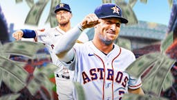Astros' Alex Bregman smiling, with dollars falling from the sky