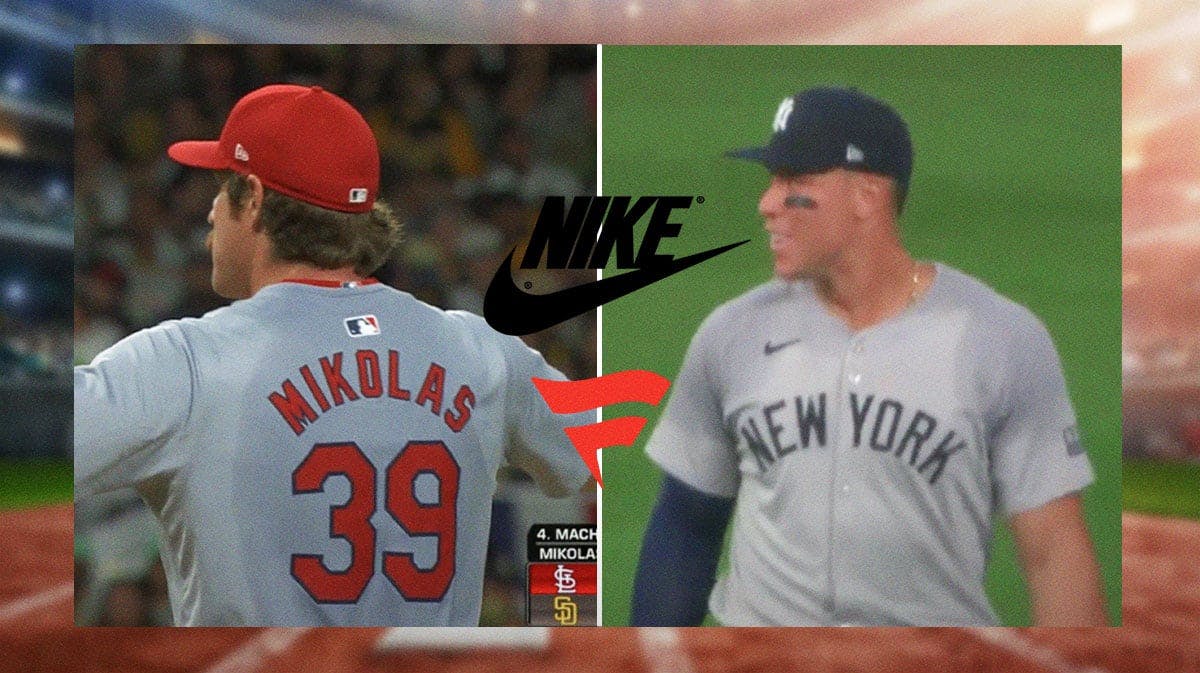 Cardinals' Miles Mikolals and Yankees' Aaron Judge in new MLB uniforms next to the logos of Nike and Fanatics