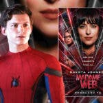 Tom Holland as MCU Spider-Man next to Madame Web poster.