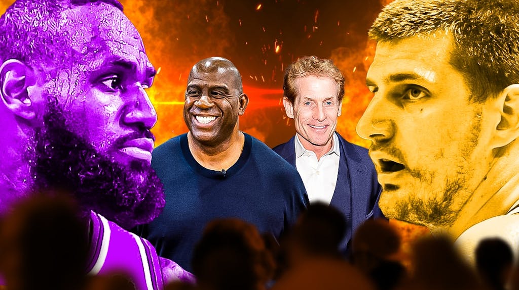 Magic Johnson and Skip Bayless smiling in the middle, with LeBron and Jokic facing each other in wrestling-style face-off