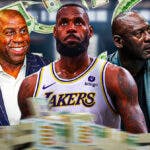 Magic Johnson, LeBron James, and Michael Jordan with a bunch of money falling around them