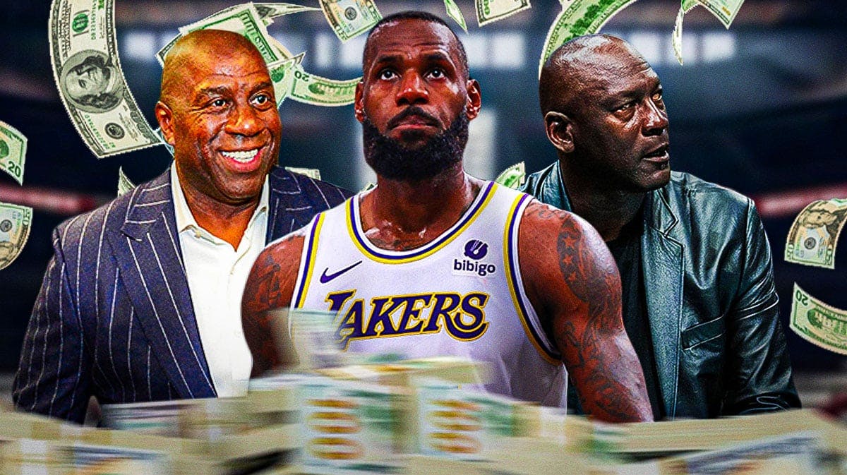 Magic Johnson, LeBron James, and Michael Jordan with a bunch of money falling around them