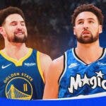 Klay Thompson in a Warriors and Magic jersey