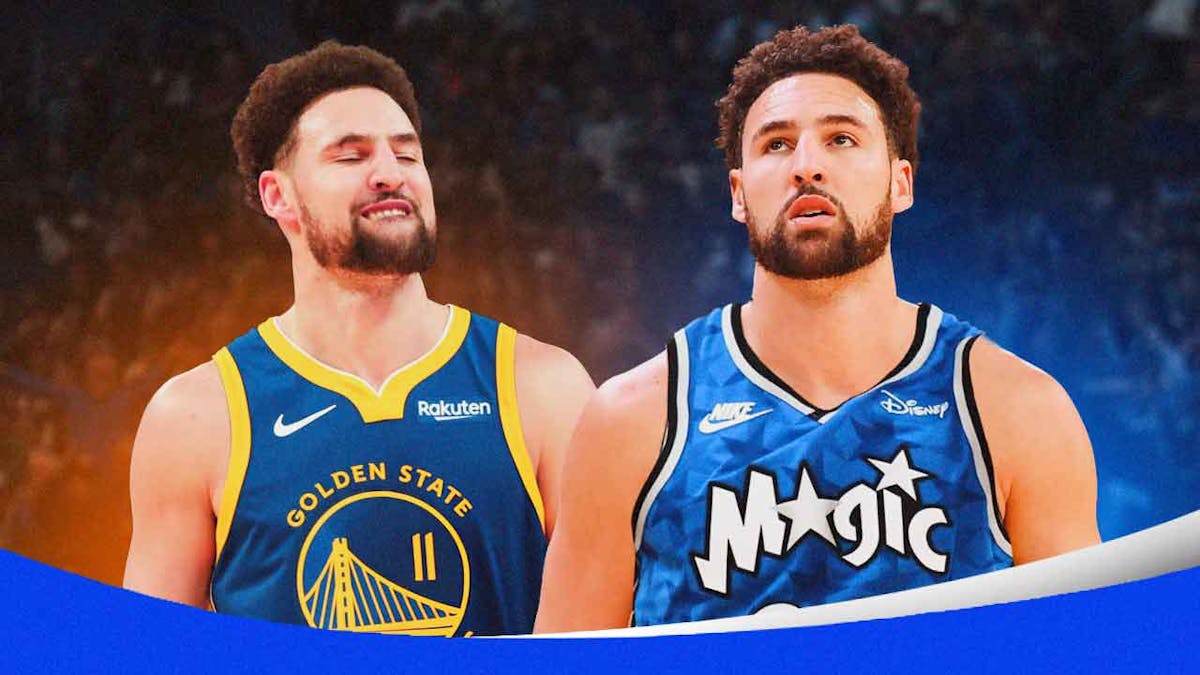 Klay Thompson in a Warriors and Magic jersey