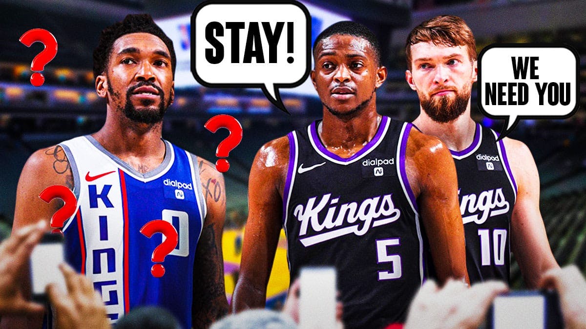 Kings' Malik Monk with question marks while De'Aarox Fox says "STAY!" and Domantas Sabonis says "We need you"