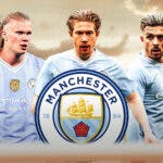 Erling Haaland, Kevin de Bruyne and Jack Grealish all looking at the middle at the Manchester City logo