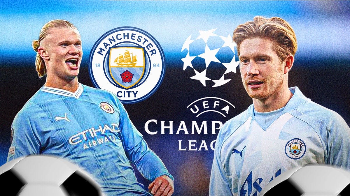 Erling Haaland, Kevin de Bruyne in front of the Manchester City and Champions League logos