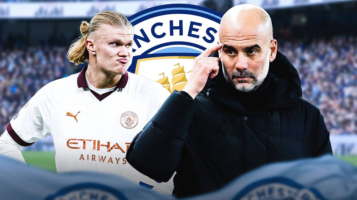 Erling Haaland and Pep Guardiola both looking concerned/down in front of the Manchester City logo