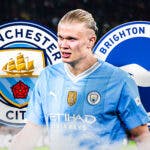 Erling Haaland looking down/sad in front of the Manchester City and Brighton logos