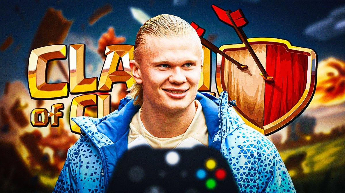 Erling Haaland in front of the Clash of Clans logo