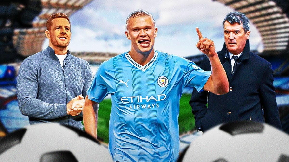 Manchester City's Erling Haaland in the middle. JJ Watt and Roy Keane on either side of him