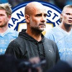 Pep Guardiola looking down/sad in the middle, Kevin de Bruyne and Erling Haaland on the sides, the Manchester City logo in the back