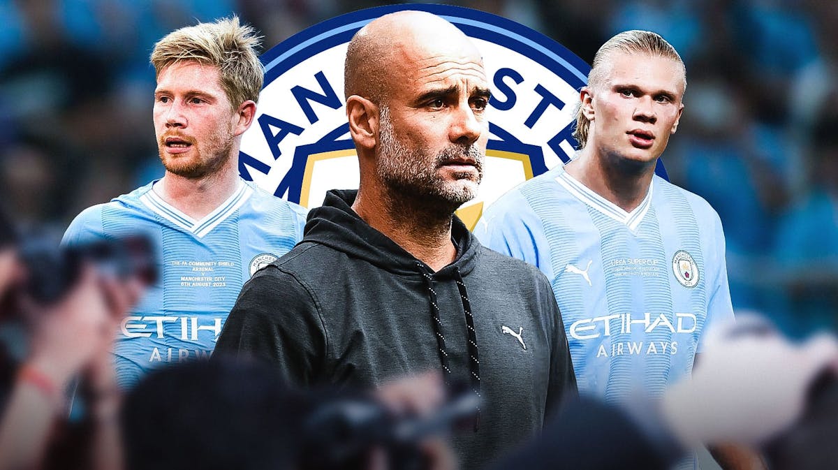 Pep Guardiola looking down/sad in the middle, Kevin de Bruyne and Erling Haaland on the sides, the Manchester City logo in the back