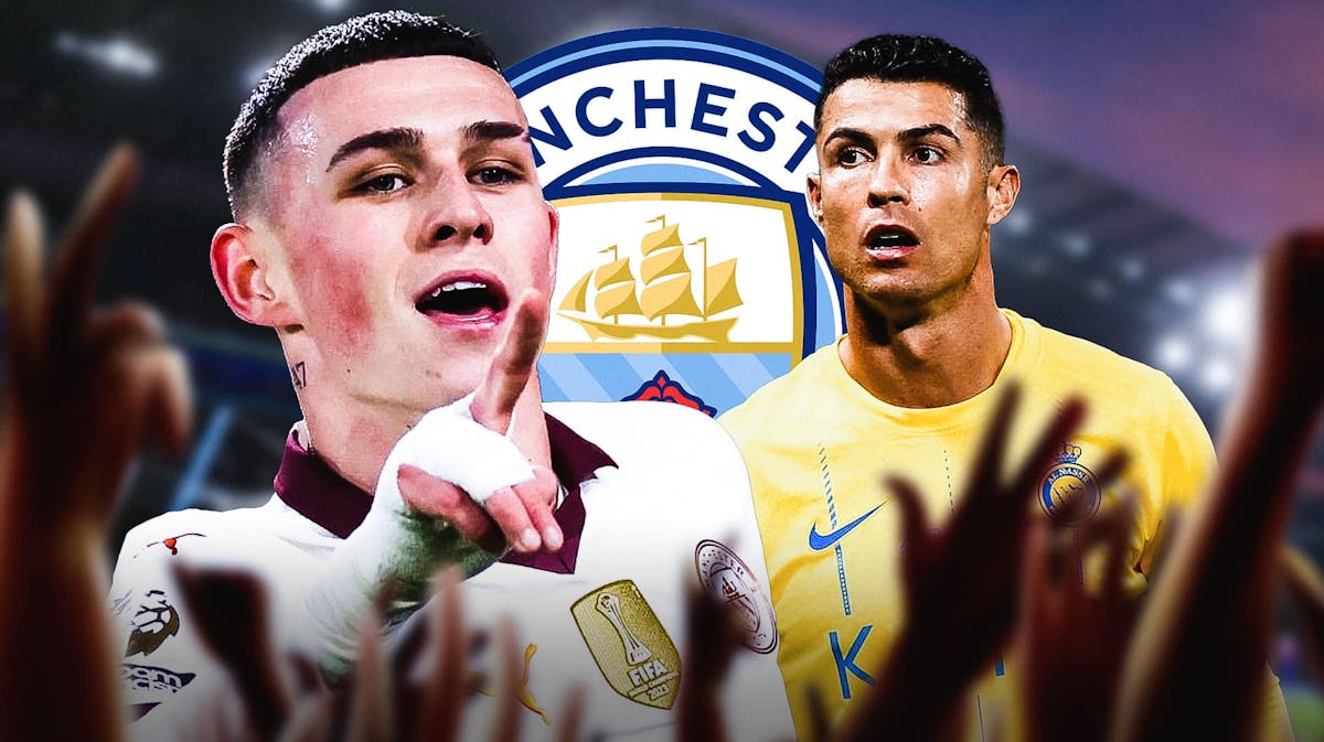 Phil Foden and Cristiano Ronaldo in front of the Manchester City logo