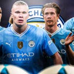 Erling Haaland, Phil Foden, Jeremy Doku, Kevin de Bruyne in front of the Manchester City logo