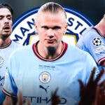 Erling Haaland, Kevin de Bruyne, Jack Grealish all looking concerned/down/sad/frustrated in front of the Manchester City logo