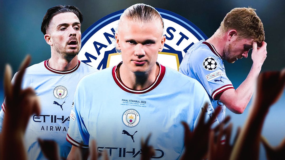 Erling Haaland, Kevin de Bruyne, Jack Grealish all looking concerned/down/sad/frustrated in front of the Manchester City logo