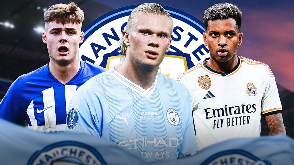 Erling Haaland in the middle, Evan Ferguson and Rodrygo on the sides, the Manchester City logo at the back