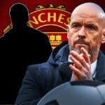 The silhouette of Graham Potter next to Erik ten Hag, the Manchester United logo behind them