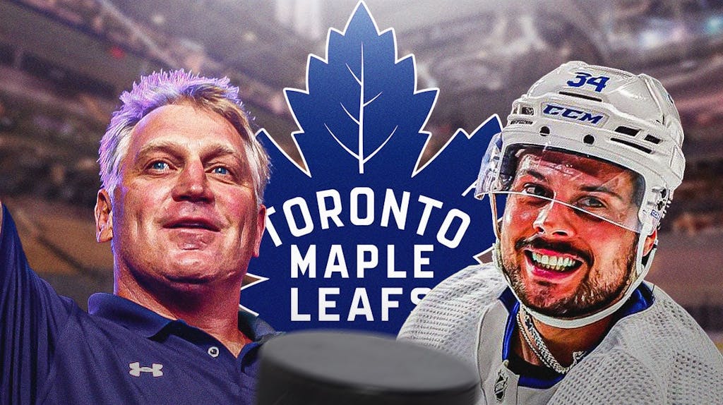 Auston Matthews looking happy with fire around him, Brett Hull in image looking impressed, Toronto Maple Leafs logo