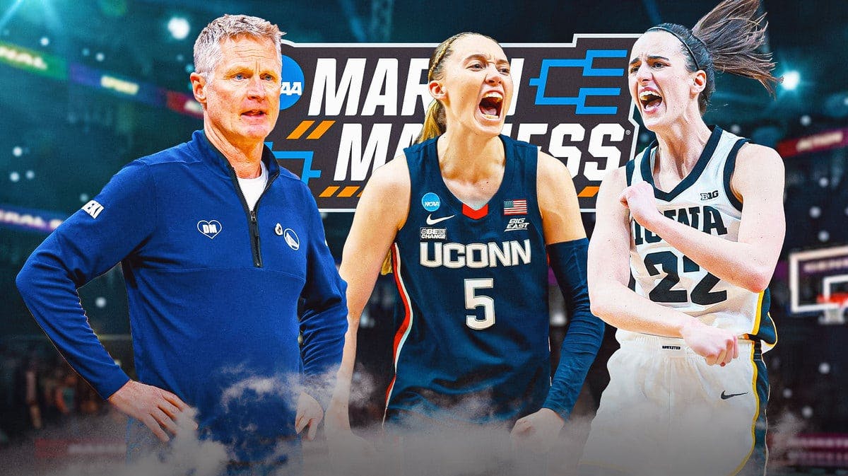 Caitlin Clark, Paige Bueckers, March Madness, Steve Kerr, UConn Iowa, Steve Kerr, Paige Bueckers and Caitlin Clark with women’s March Madness logo in the background