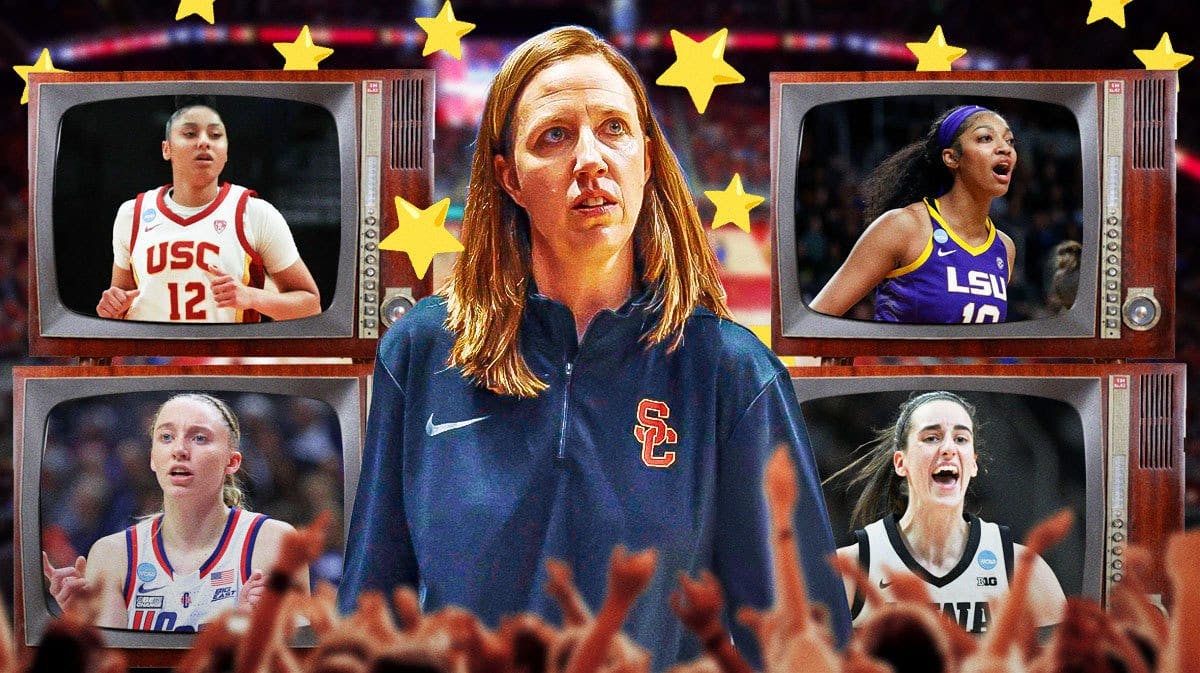 - USC women’s basketball coach Lindsay Gottlieb, with stars surrounding the graphic. Beside Gottlieb on either side should be televisions, with UConn women’s basketball player Paige Bueckers and USC women’s basketball player JuJu Watkins in on T.V., and Iowa women’s basketball player Caitlin Clark and LSU women’s basketball player Angel Reese in the other T.V.